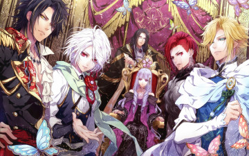 Картинка аниме reine+des+fleurs art usuba kagerou девушка violette парни ghislain orpheus leon louis hubert взгляд улыбка жест трон reine des fleurs idea factory