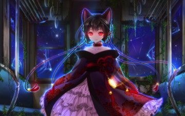 Картинка аниме животные +существа уши красные глаза девушка ночь ошейник itto maru art