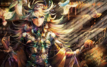 Картинка аниме ангелы +демоны птицы клубок иголка нитки девушка