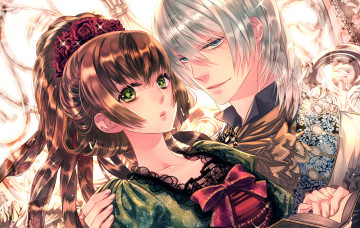 Картинка аниме unknown +другое двое бант пара розы взгляд парень девушка