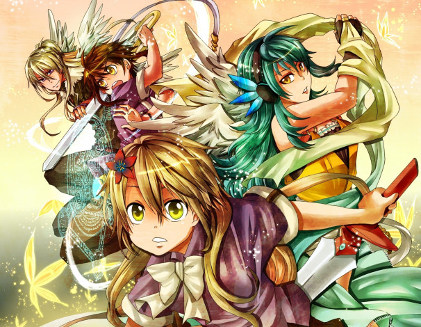 Обои картинки фото аниме, оружие,  техника,  технологии, арт, ame, gatsu, девушки, парни, магия, крылья, круг, меч