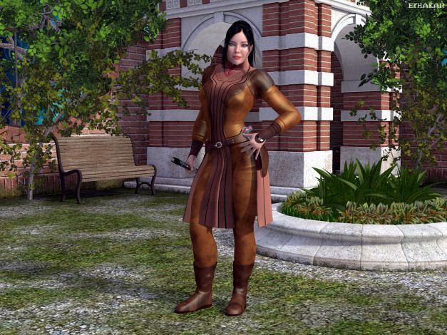 Обои картинки фото 3д графика, фантазия , fantasy, оружие, фон, взгляд, девушка