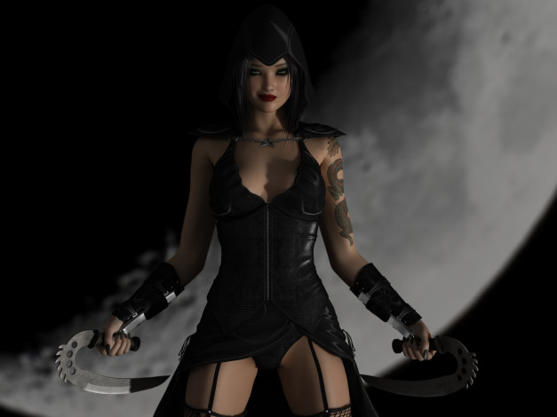 Обои картинки фото 3д графика, люди , people, девушка, взгляд, фон, оружие