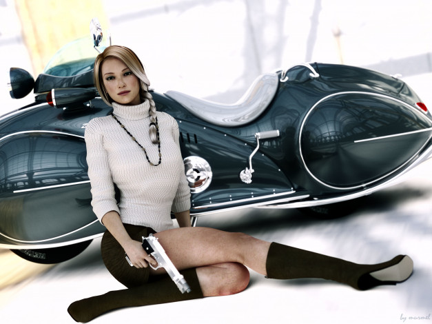 Обои картинки фото 3д графика, люди , people, пистолет, юбка, блондинка, девушка, мопед, ноги