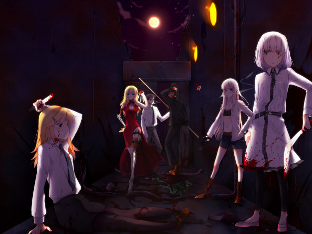 Обои картинки фото аниме, оружие,  техника,  технологии, арт, tateshina, ryouko, девушки, парни, кровь, сигарета, дым, пистолет, ножи, луна, небо, облака, ночь