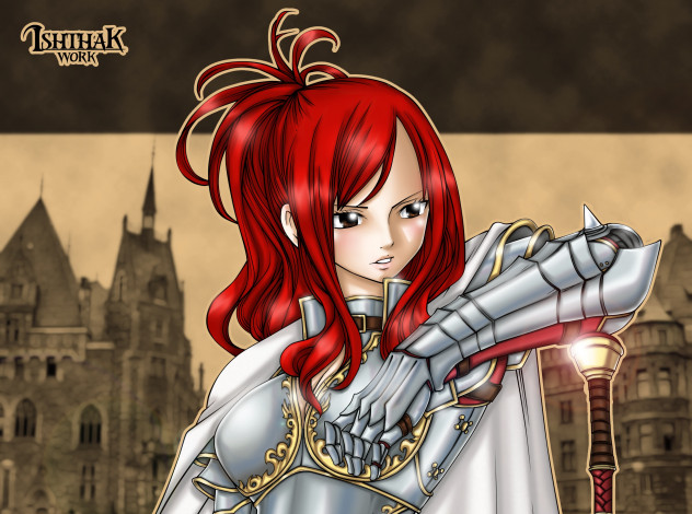 Обои картинки фото аниме, fairy tail, фон, взгляд, девушка, доспехи, рыжая