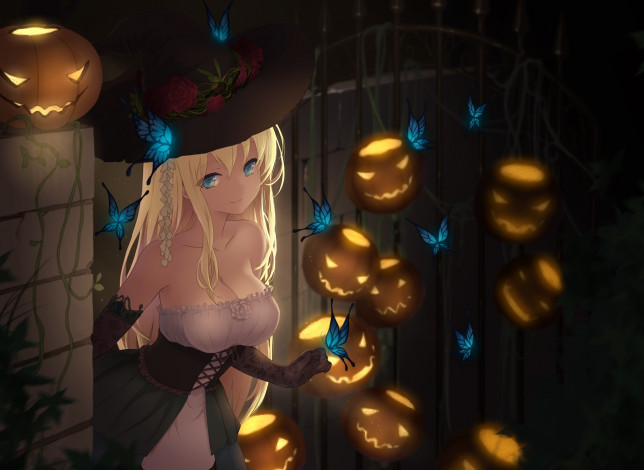 Обои картинки фото аниме, boku wa tomodachi ga sukunai, тыква, хеллоуин, бабочки, арт, девушка, ночь, праздник, шляпа, boku, wa, tomodachi, ga, sukunai