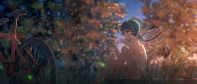 Обои картинки фото аниме, музыка, природа, телефон, велосипед, девочка, наушники, арт, optical-core