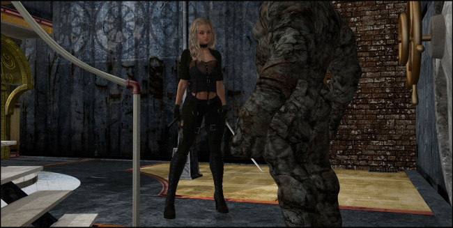 Обои картинки фото 3д графика, фантазия , fantasy, существо, оружие, фон, взгляд, девушка