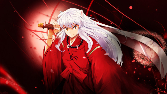 Обои картинки фото аниме, inuyasha, сешимару, меч, тессайга, арт, инуяша, отражение