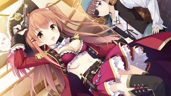 Обои картинки фото аниме, оружие,  техника,  технологии, девушка, взгляд, фон, грудь, декольте, пистолет