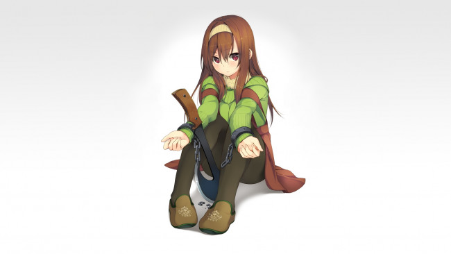 Обои картинки фото аниме, оружие,  техника,  технологии, топор, девушка, арт, unasaka, ryou, цепь