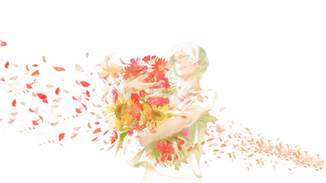 Обои картинки фото аниме, unknown,  другое, букет, парень, re, подсолнухи, art, цветы