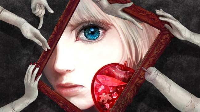 Обои картинки фото аниме, unknown,  другое, манекен, мозаика, рука, рама, яблоко, фрукт, глаз, afostar, девушка
