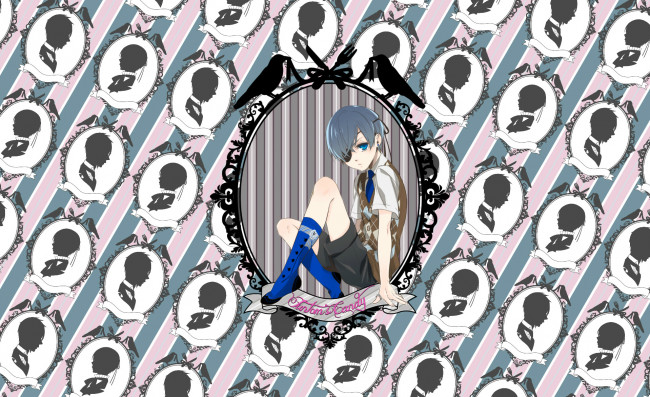 Обои картинки фото аниме, kuroshitsuji, ciel, phantomhive, тёмный, дворецкий, рамка, овал, виньетка, силуэт, птички, шорты, галстук, полоска