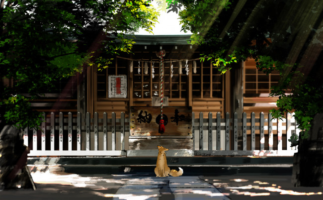 Обои картинки фото аниме, город,  улицы,  здания, деревья, лучи, храм, лиса