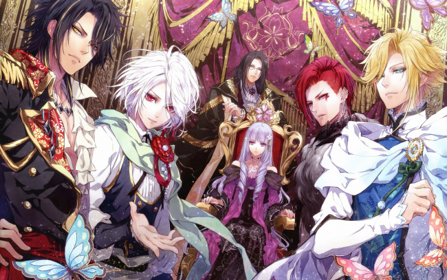 Обои картинки фото аниме, reine des fleurs, art, usuba, kagerou, девушка, violette, парни, ghislain, orpheus, leon, louis, hubert, взгляд, улыбка, жест, трон, reine, des, fleurs, idea, factory