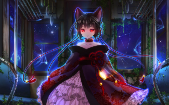 Обои картинки фото аниме, животные,  существа, уши, красные, глаза, девушка, ночь, ошейник, itto, maru, art