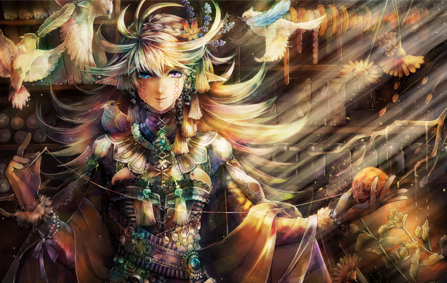 Обои картинки фото аниме, ангелы,  демоны, птицы, клубок, иголка, нитки, девушка