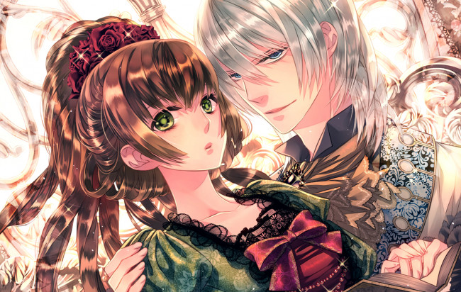 Обои картинки фото аниме, unknown,  другое, двое, бант, пара, розы, взгляд, парень, девушка