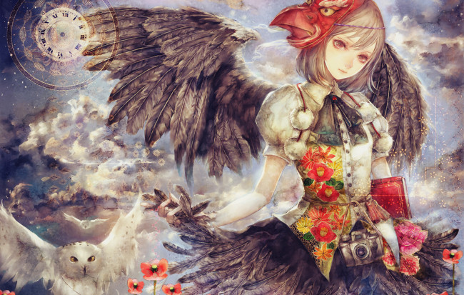 Обои картинки фото аниме, ангелы,  демоны, фотоаппарат, книга, сова, маска, крылья, перья, цветы, девушка