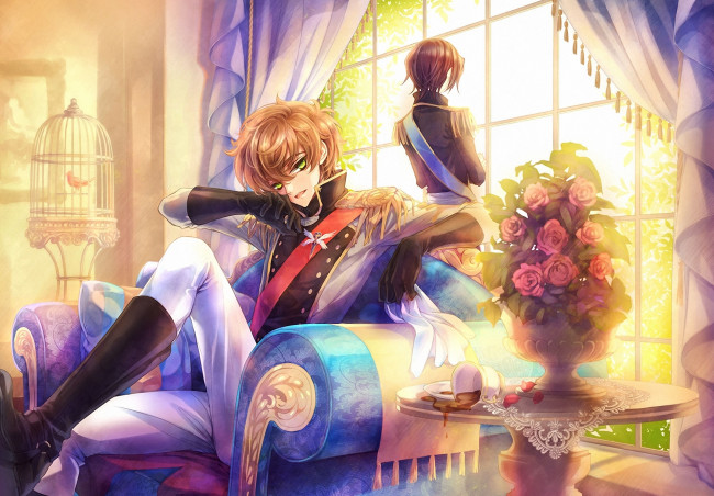 Обои картинки фото аниме, code geass, арт, code, geass, lelouch, lamperouge, suzaku, kururugi, парни, комната, диван, окно, спиной, форма, клетка, букет, розы, цветы, птица