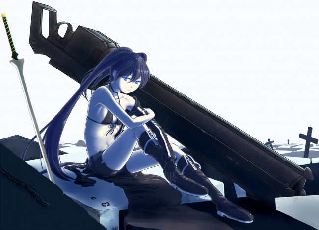 Обои картинки фото аниме, black rock shooter, оружие, kuroi, mato, black, rock, shooter, меч, девушка, арт, byo, daigakunote