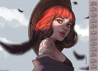 Картинка календари рисованные +векторная+графика девушка 2018 эмоции тату перо шляпа