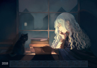 Картинка календари аниме кошка девушка 2018 окно книга