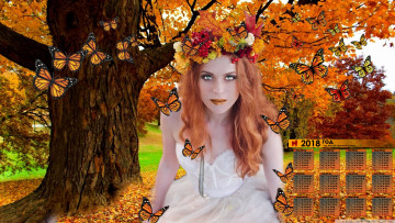 Картинка календари компьютерный+дизайн 2018 девушка венок взгляд бабочка дерево