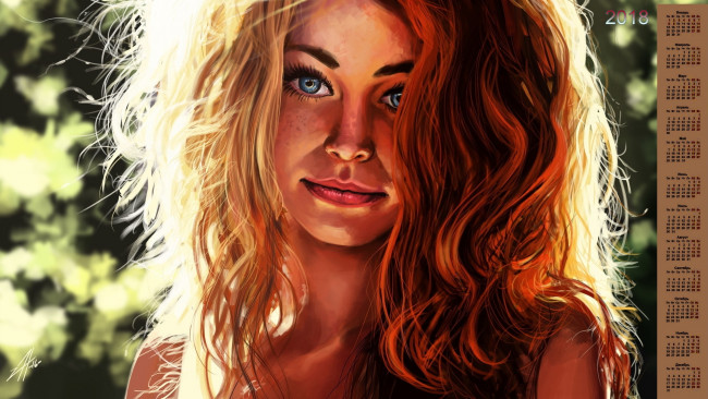 Обои картинки фото календари, рисованные,  векторная графика, 2018, девушка, взгляд, лицо