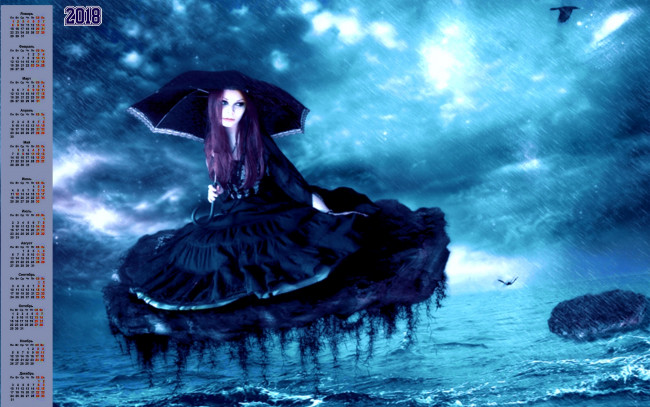 Обои картинки фото календари, компьютерный дизайн, дождь, водоем, зонт, птица, девушка, 2018