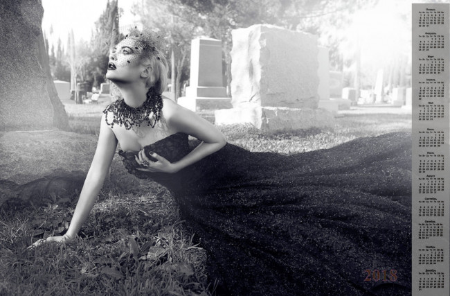 Обои картинки фото календари, девушки, памятник, кладбище, 2018