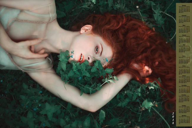 Обои картинки фото календари, девушки, взгляд, рыжая, растения, 2018