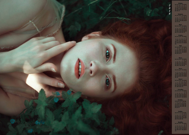 Обои картинки фото календари, девушки, лицо, взгляд, 2018, растения, рыжая