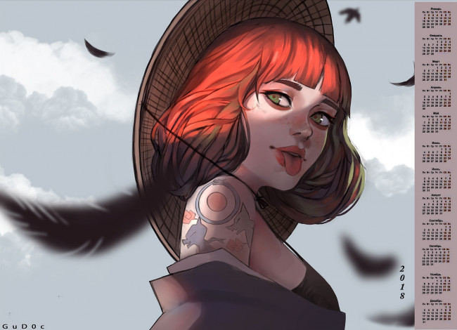 Обои картинки фото календари, рисованные,  векторная графика, девушка, 2018, эмоции, тату, перо, шляпа