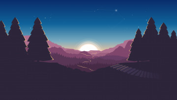 обоя векторная графика, природа , nature, пожарный, дозор, low, poly, campo, santo, firewatch, art, пейзаж, холмы, лес, игра, горы, солнце, закат