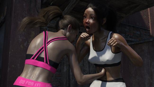 Обои картинки фото 3д графика, фантазия , fantasy, взгляд, борьба, девушки, фон