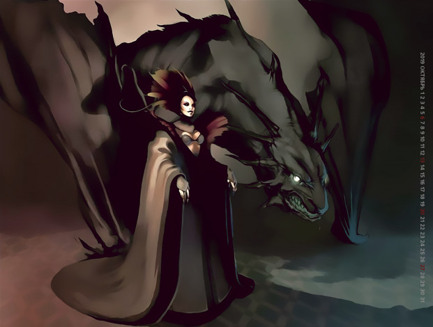 Обои картинки фото календари, фэнтези, дракон, женщина, calendar, 2019