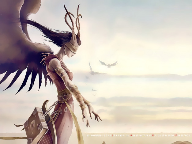 Обои картинки фото календари, фэнтези, профиль, крылья, девушка, calendar, 2019