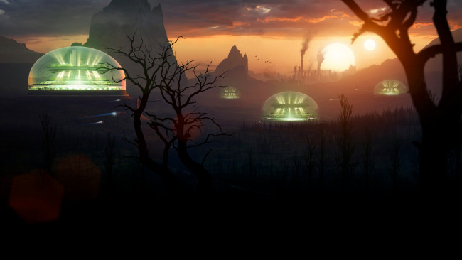 Обои картинки фото фэнтези, иные миры,  иные времена, космос, ночь, вид, другой, мир, фантастика, планета, город, пейзаж