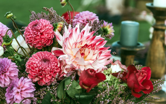 Обои картинки фото цветы, букеты,  композиции, георгины, розы