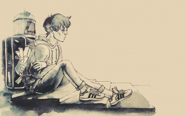 Обои картинки фото рисованное, кино, рюкзак, ступени, гарри, поттер, клетка, чемодан