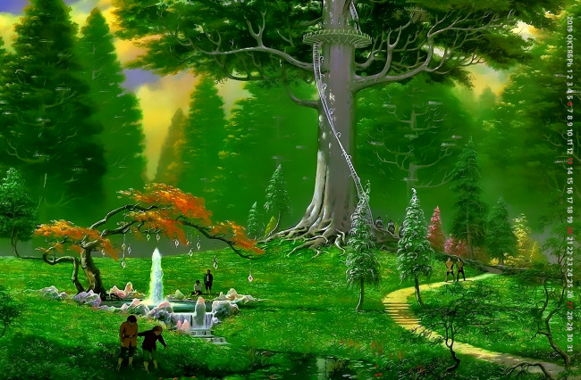 Обои картинки фото календари, фэнтези, дерево, лес, люди, природа, calendar, 2019