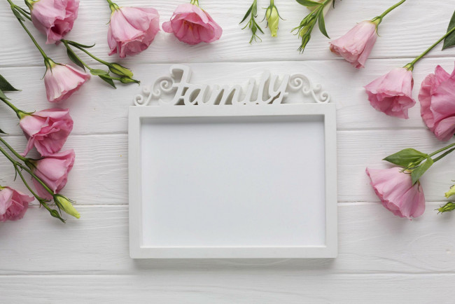 Обои картинки фото цветы, эустома, надпись, рамка