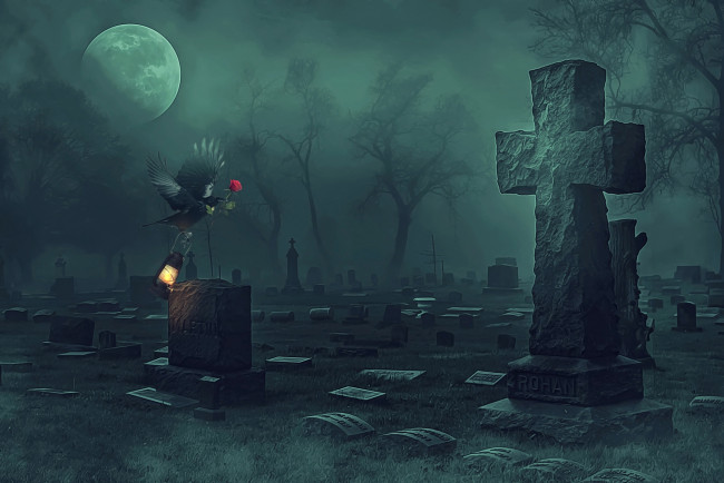 Обои картинки фото фэнтези, фотоарт, лампа, роза, ворон, фон, кладбище