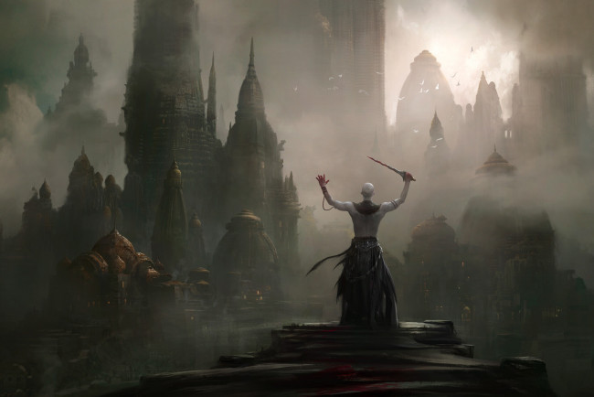 Обои картинки фото фэнтези, люди, город, мужчина, нож