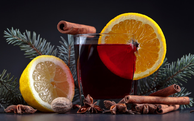 Обои картинки фото праздничные, угощения, глинтвейн, корица, анис, лимон