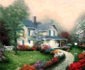 обоя рисованное, thomas kinkade, дом, дорожка, сад, деревья, цветы