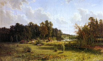 обоя рисованное, иван шишкин, лес, деревья, поляна, коровы, люди